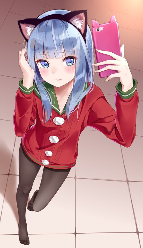 Anime Girl with Cat Ears — Red, Playful, Cat Ears, Smartphone