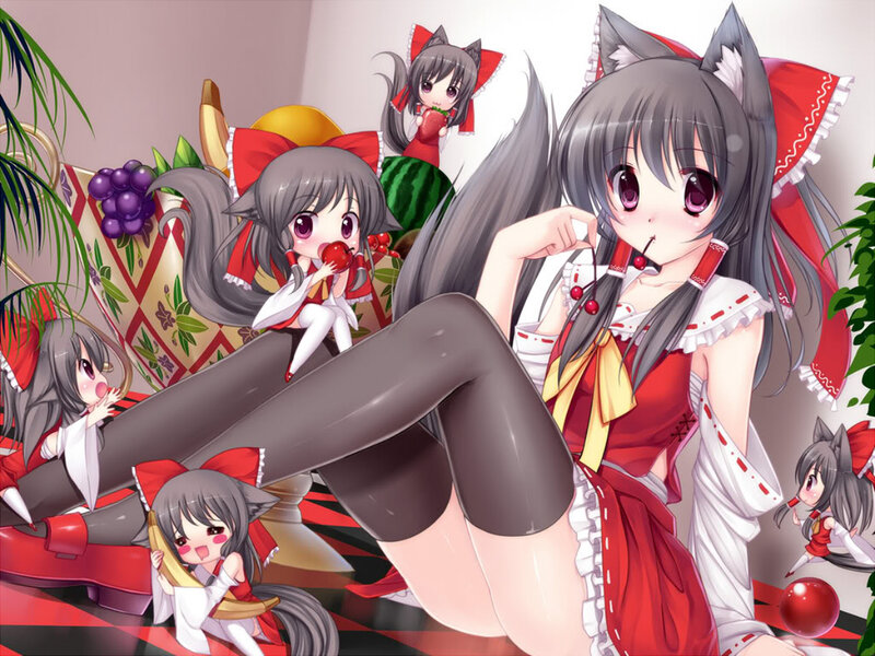 Anime Girl with Cat Ears — Red, Playful, Digital Art, Cat Ears, Fruit
