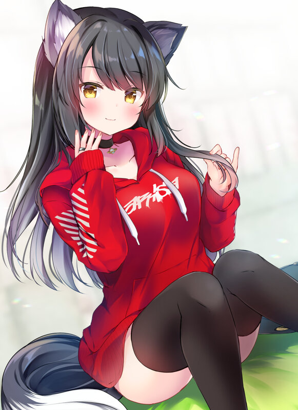 Anime Girl with Cat Ears — Red, Playful, Digital Art, Cat Ears, Tail