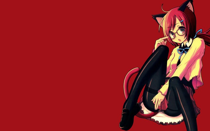 Anime Girl with Cat Ears — Red, Playful, Manga