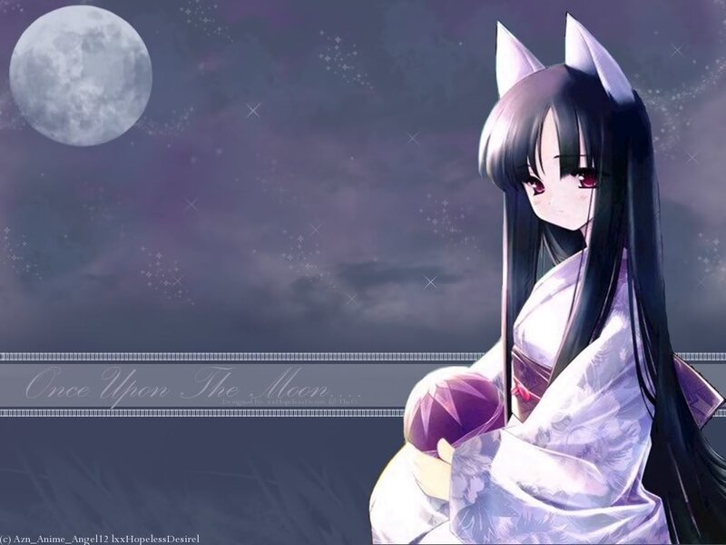 Anime girl with cat ears under moon
