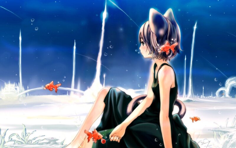 Anime girl with cat ears underwater
