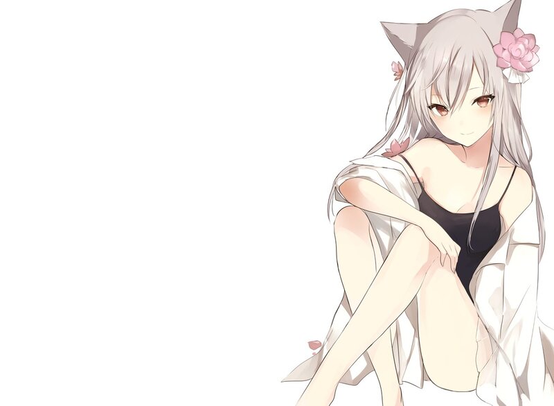 Anime Girl with Cat Ears — White, Calm, Cat Ears, Flower