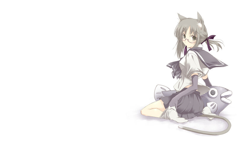 Anime Girl with Cat Ears — White, Calm, Cat Ears, Glasses, Fish