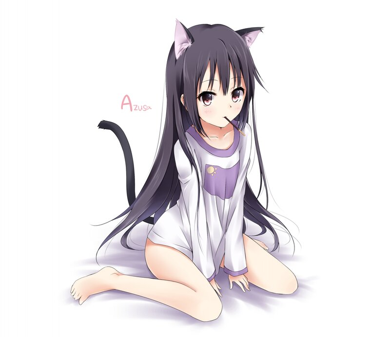 Anime Girl with Cat Ears — White, Calm, Cat Ears, Tail, Pajamas