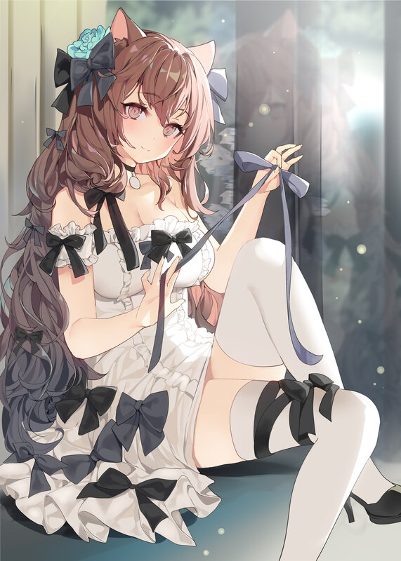 Anime Girl with Cat Ears — White, Calm, Digital Art, Cat Ears, Bows