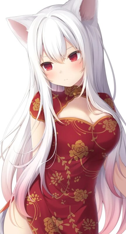 Anime Girl with Cat Ears — White, Calm, Digital Art, Cat Ears, Long Hair, Red Dress