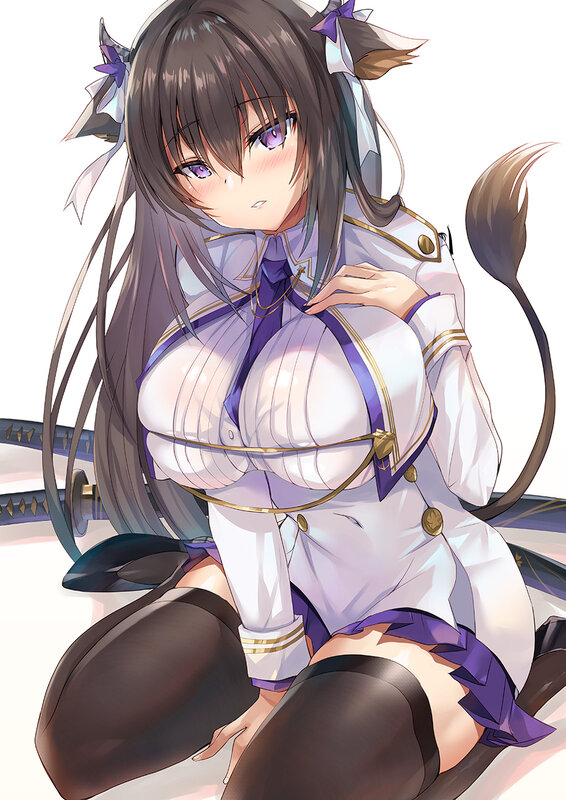 Anime Girl with Cat Ears — White, Calm, Digital Art, Cat Ears, Tail, Sword