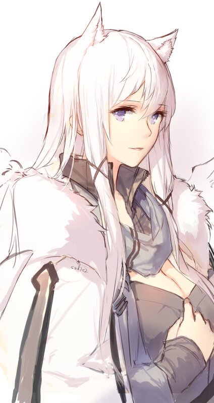 Anime Girl with Cat Ears — White, Calm, Digital Art, Cat Ears, White Hair, Fur Coat
