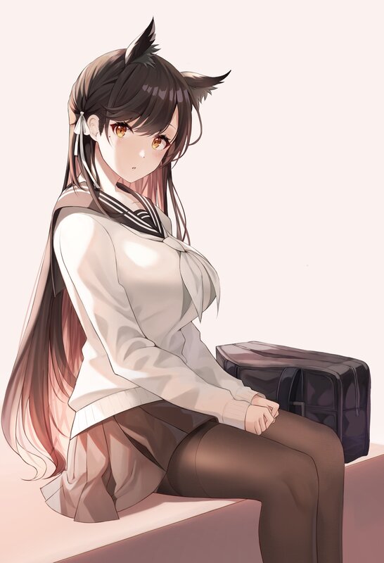 Anime Girl with Cat Ears — White, Calm, Digital Art, School Uniform