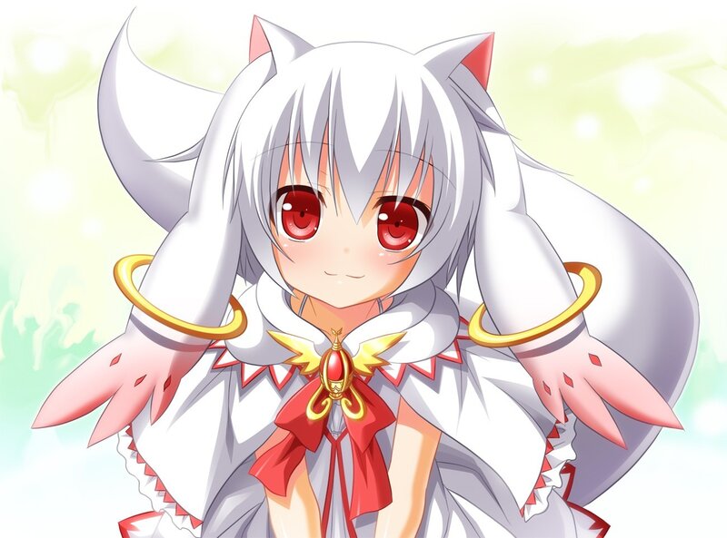 Anime Girl with Cat Ears — White, Cheerful, Cat Ears, Red Eyes