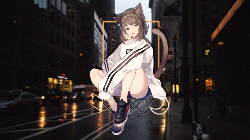 Anime Girl with Cat Ears — White, Dramatic, Night, Digital Art, Cat Ears, Cat Tail