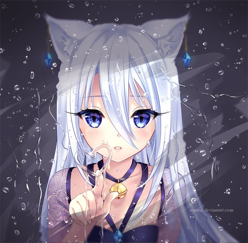 Anime Girl with Cat Ears — White, Dramatic, Night, Digital Art, Cat Ears, Raindrops