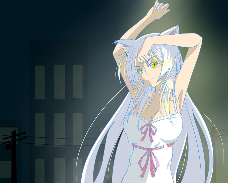 Anime Girl with Cat Ears — White, Dramatic, Night