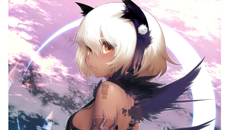 Anime Girl with Cat Ears — White, Dramatic, Sunset, Digital Art