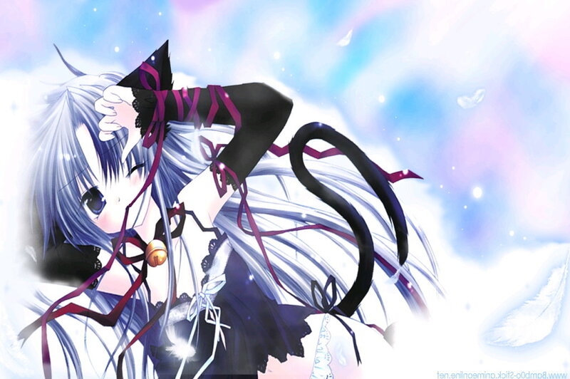 Anime Girl with Cat Ears — White, Dreamy, Cat Tail, Feathers