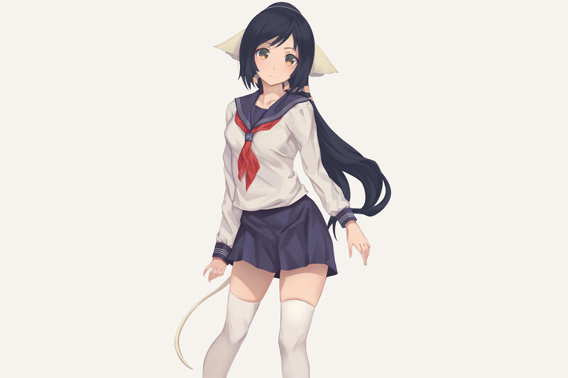 Anime Girl with Cat Ears — White, Neutral, Digital Art, Cat Ears, Tail, Sailor Uniform