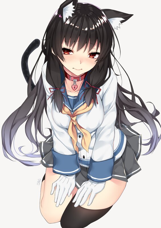 Anime Girl with Cat Ears — White, Neutral, Digital Art, Cat Ears, Tail