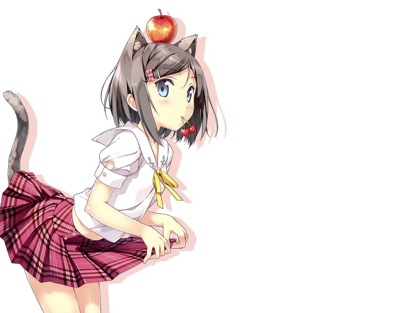 Anime Girl with Cat Ears — White, Playful, Apple