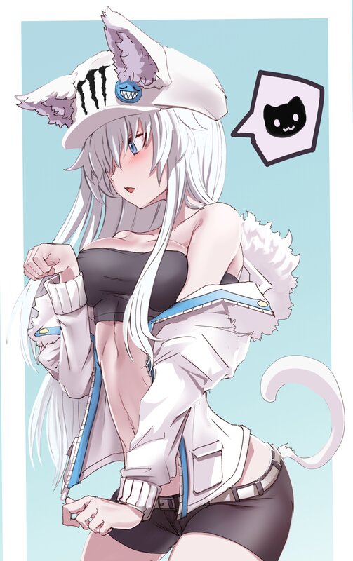 Anime Girl with Cat Ears — White, Playful, Cat Ears, Cat Tail, Hat