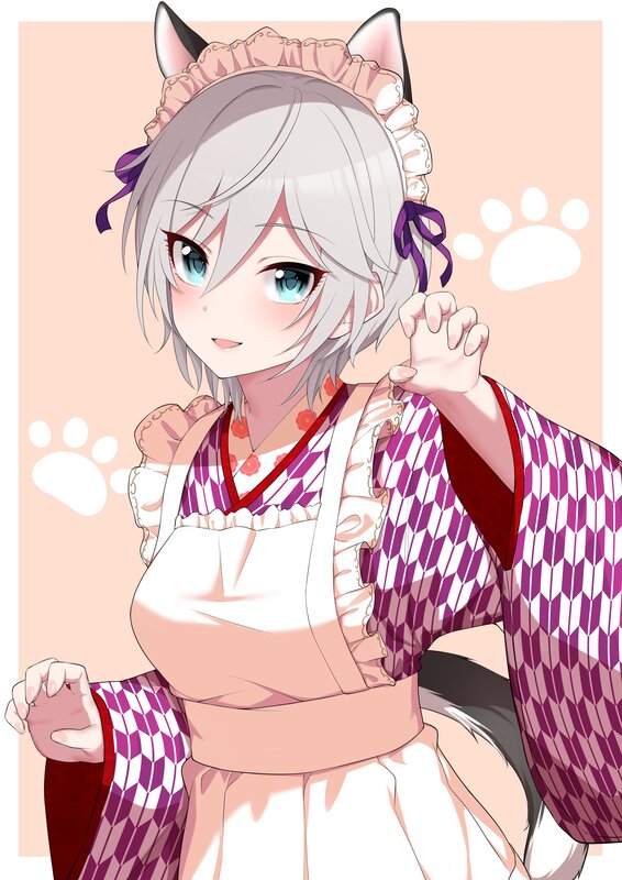 Anime Girl with Cat Ears — White, Playful, Cat Ears, Kimono
