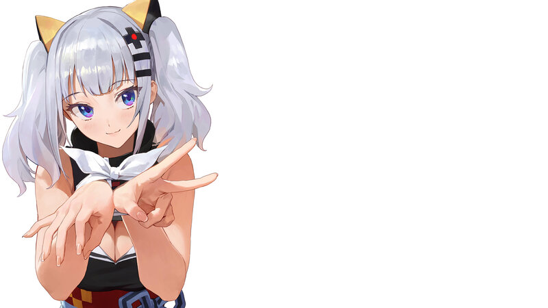 Anime Girl with Cat Ears — White, Playful, Cat Ears, Pigtails, Peace Sign
