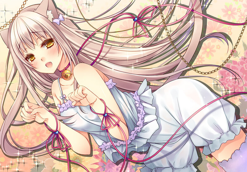 Anime Girl with Cat Ears — White, Playful, Cat Ears, Ribbons, Chains