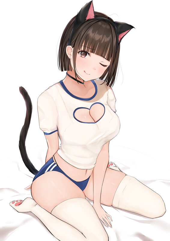 Anime Girl with Cat Ears — White, Playful, Cat Ears, Tail, Heart Cutout