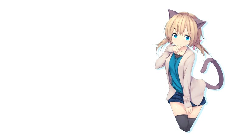 Anime Girl with Cat Ears — White, Playful, Cat Ears, Tail, Knee-high Socks