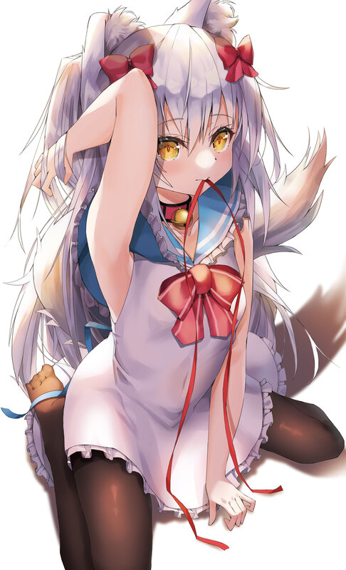 Anime Girl with Cat Ears — White, Playful, Cat Ears, Tail, Red Bow