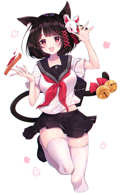 Anime Girl with Cat Ears — White, Playful, Cat Ears, Tail, Sailor Uniform