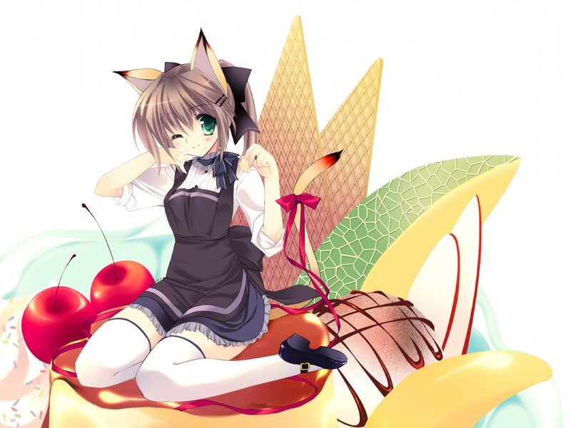 Anime Girl with Cat Ears — White, Playful, Cherry