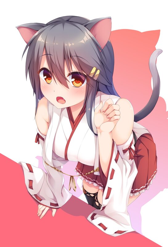 Anime Girl with Cat Ears — White, Playful, Digital Art, Cat Ears, Cat Tail, Kimono