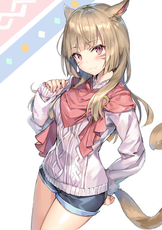 Anime Girl with Cat Ears — White, Playful, Digital Art, Cat Ears, Tail