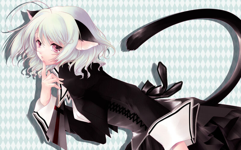 Anime Girl with Cat Ears — White, Playful, Digital Art, Cat Tail