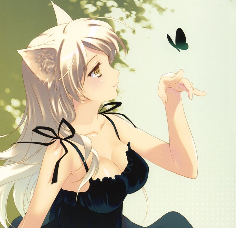 Anime Girl with Cat Ears — White, Serene, Afternoon, Butterfly