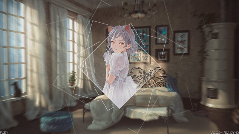 Anime Girl with Cat Ears — White, Serene, Morning, Digital Art, Bed