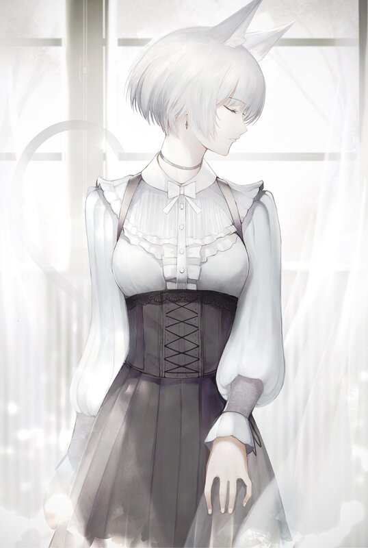 Anime Girl with Cat Ears — White, Serene, Morning, Digital Art