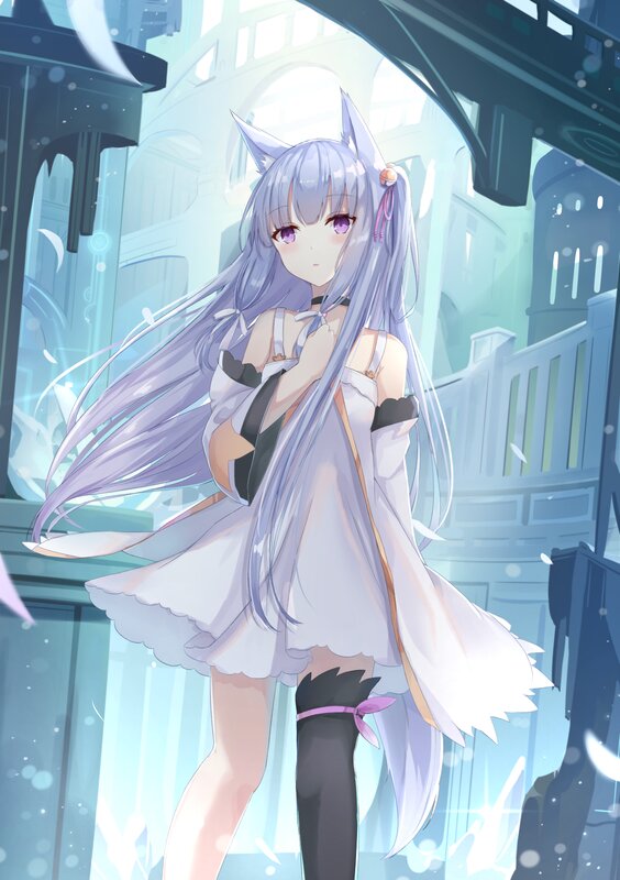 Anime Girl with Cat Ears — White, Serene, Night, Digital Art