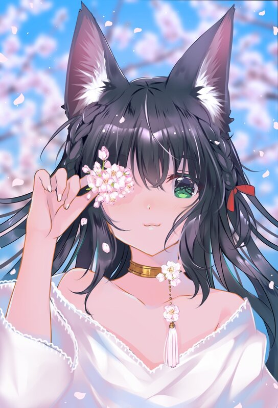 Anime Girl with Cat Ears — White, Serene, Spring, Digital Art, Cherry Blossoms