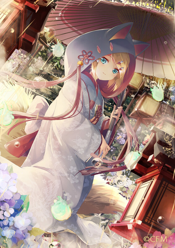 Anime Girl with Cat Ears — White, Serene, Spring, Digital Art, Umbrella