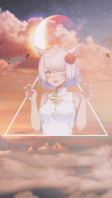 Anime Girl with Cat Ears — White, Serene, Sunset, Digital Art