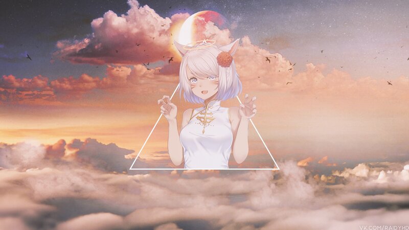 Anime Girl with Cat Ears — White, Serene, Sunset