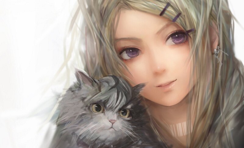 Anime Girl with Cat — Gray, Calm, Digital Art