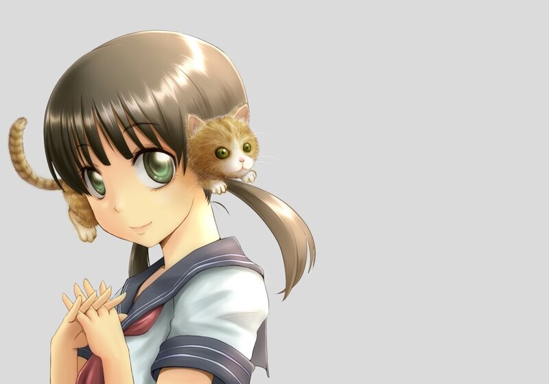 Anime Girl with Cat — Gray, Calm, School Uniform
