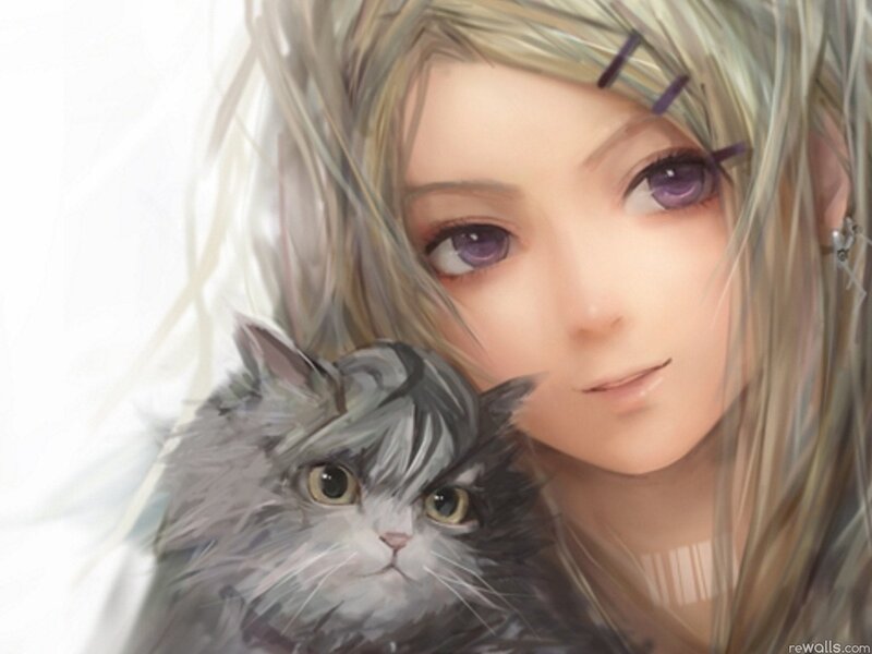 Anime Girl with Cat — Gray, Calm