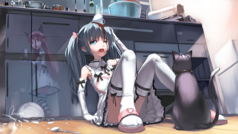 Anime Girl with Cat — Gray, Chaotic