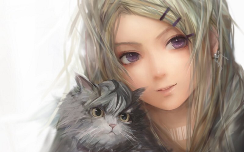Anime Girl with Cat — Gray