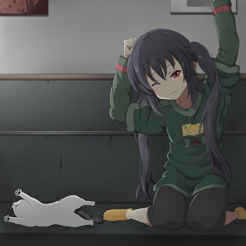 Anime Girl with Cat — Green, Playful