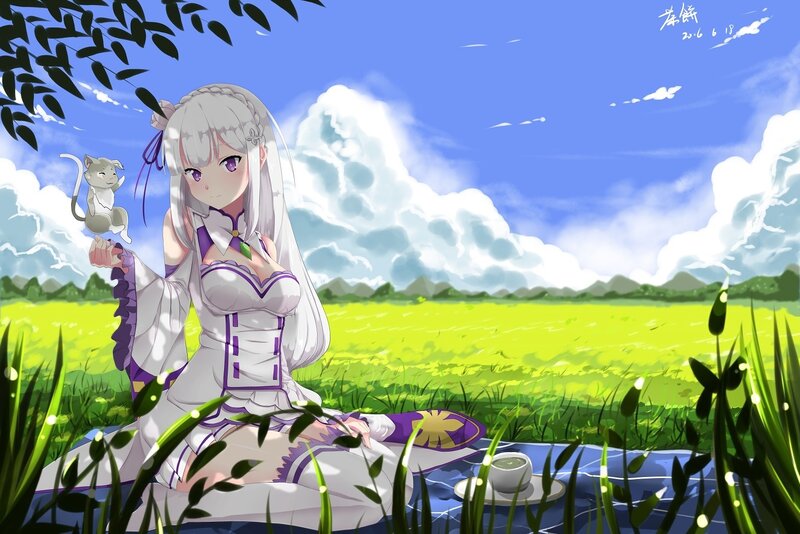 Anime Girl with Cat — Green, Serene, Afternoon, Digital Art